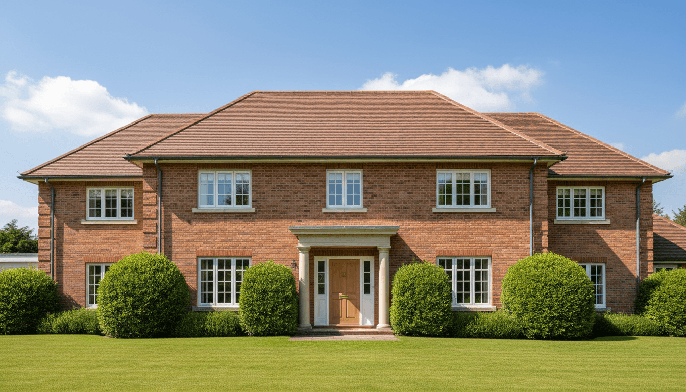 Clean gutters and roof on a Hampshire home under a clear blue sky